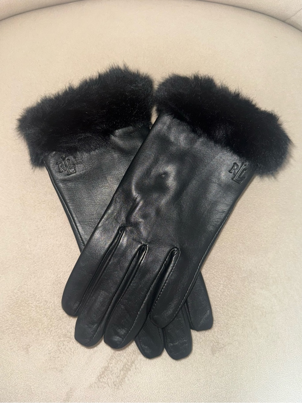 Ralph Lauren Black 100% Sheep Leather Winter Gloves with Fur Trim Cuff